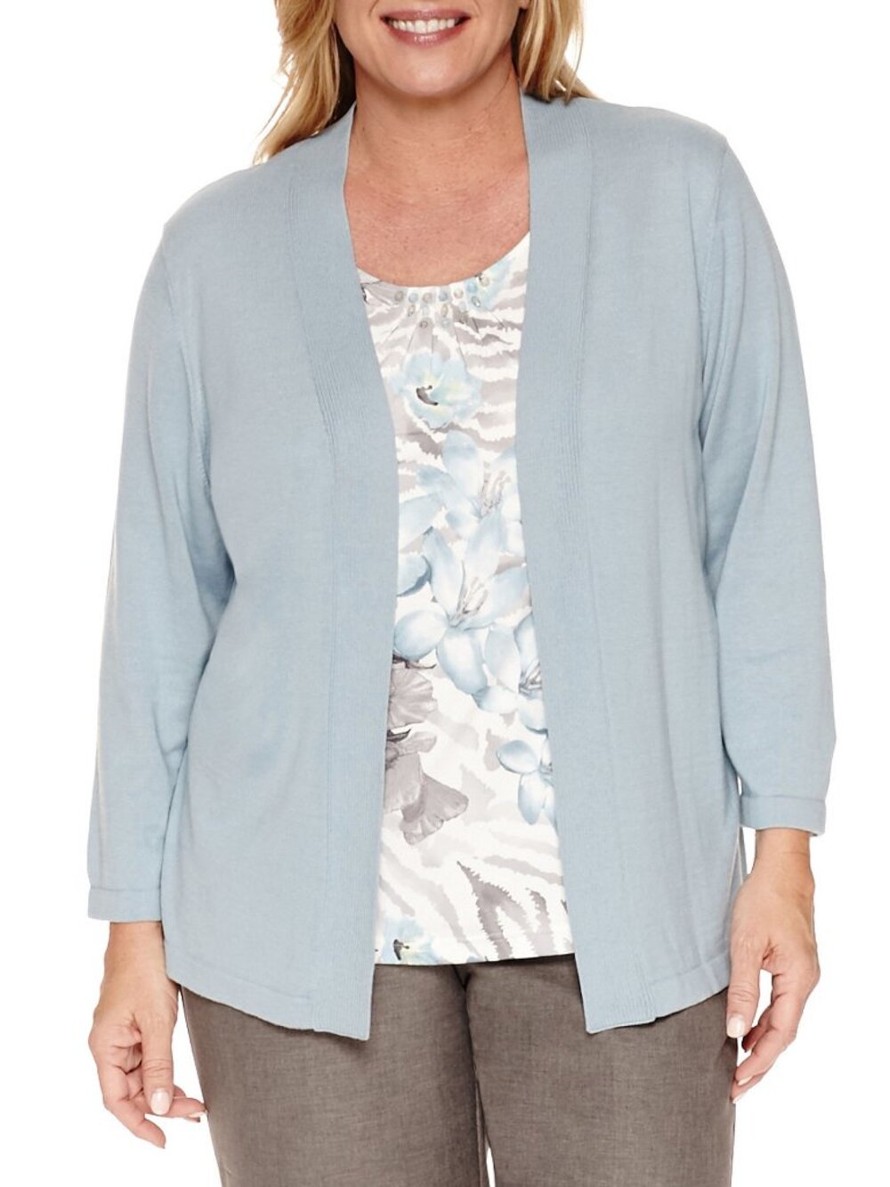 Alfred Dunner Plus Size 3/4 Sleeve Layered Blouse with Sweaters Attached